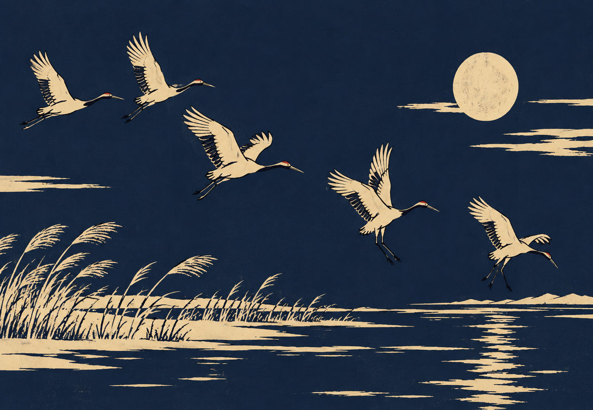 Cranes in Flight Under the Moon (Landscape)