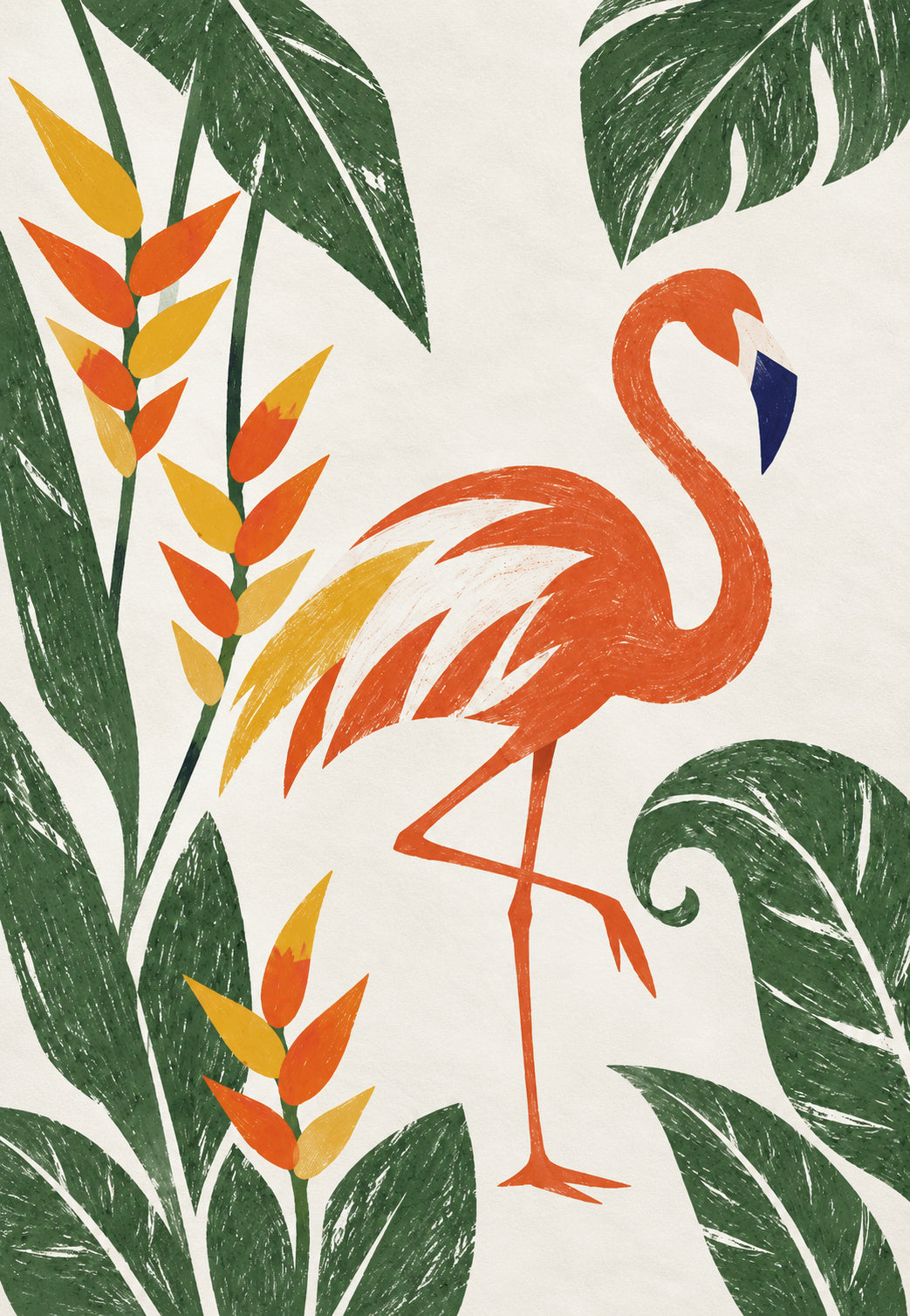 Oranger Flamingo zwischen tropischen Blättern