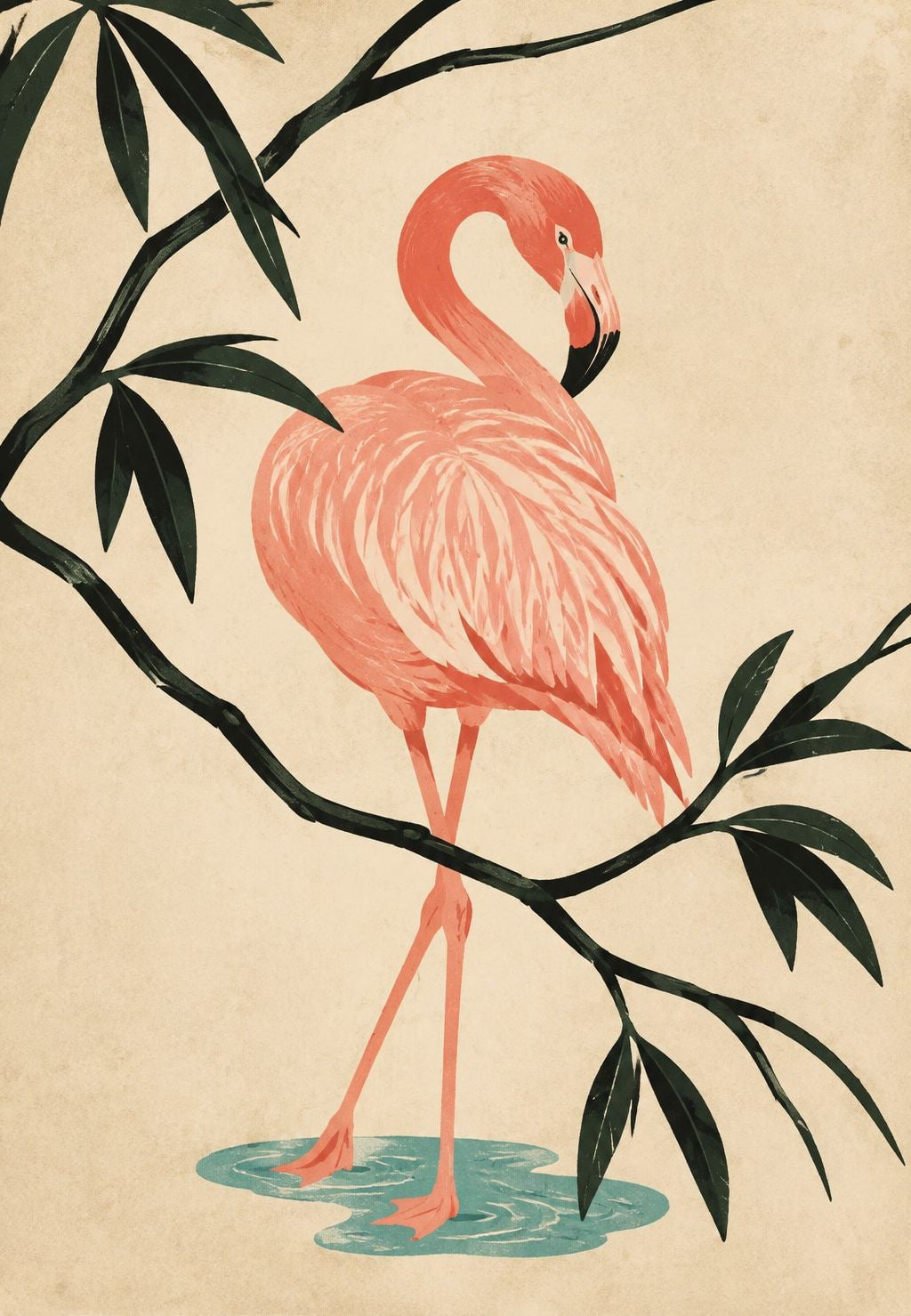 Pink Flamingo and Bamboo Branch