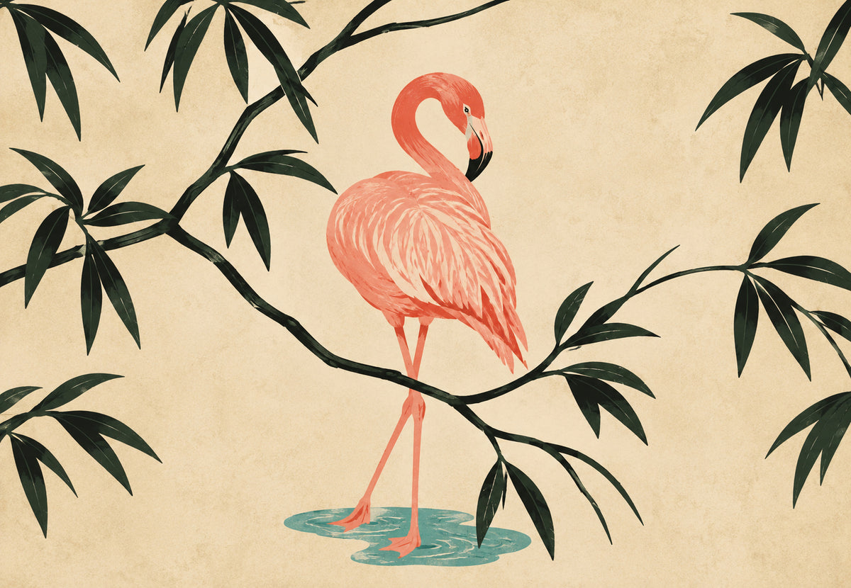 Pink Flamingo and Bamboo Branch (Landscape)