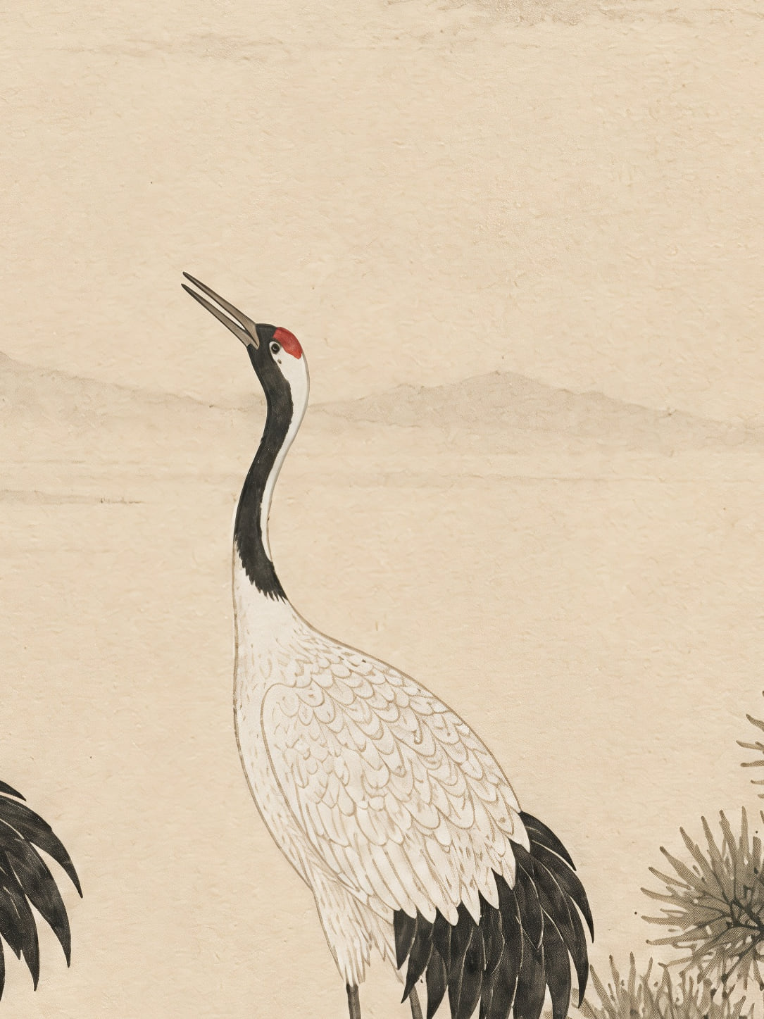 Detail a taille reelle du tirage, affiche animaux grues au bord de l etang portrait