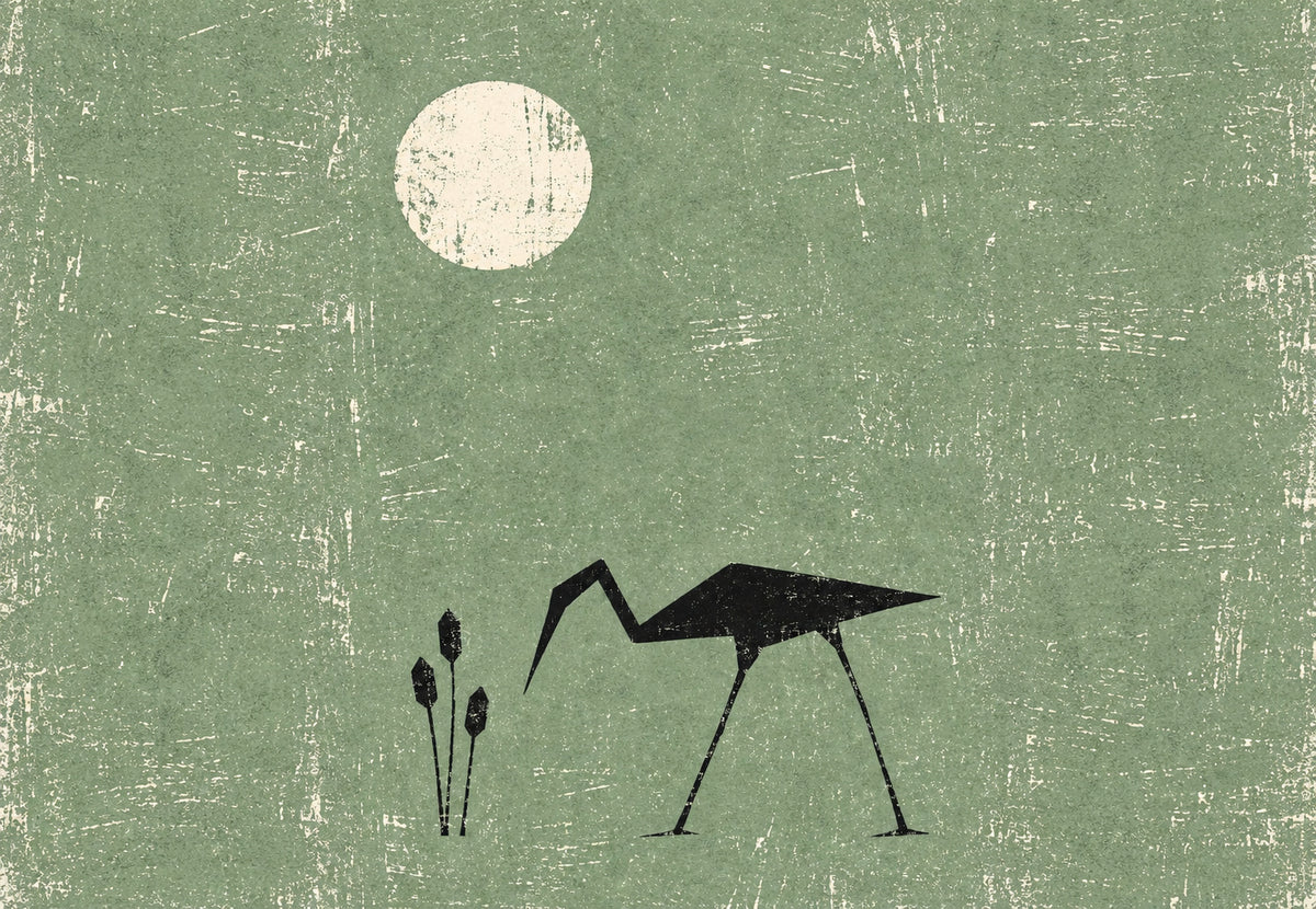 Héron noir et pleine lune (Paysage)
