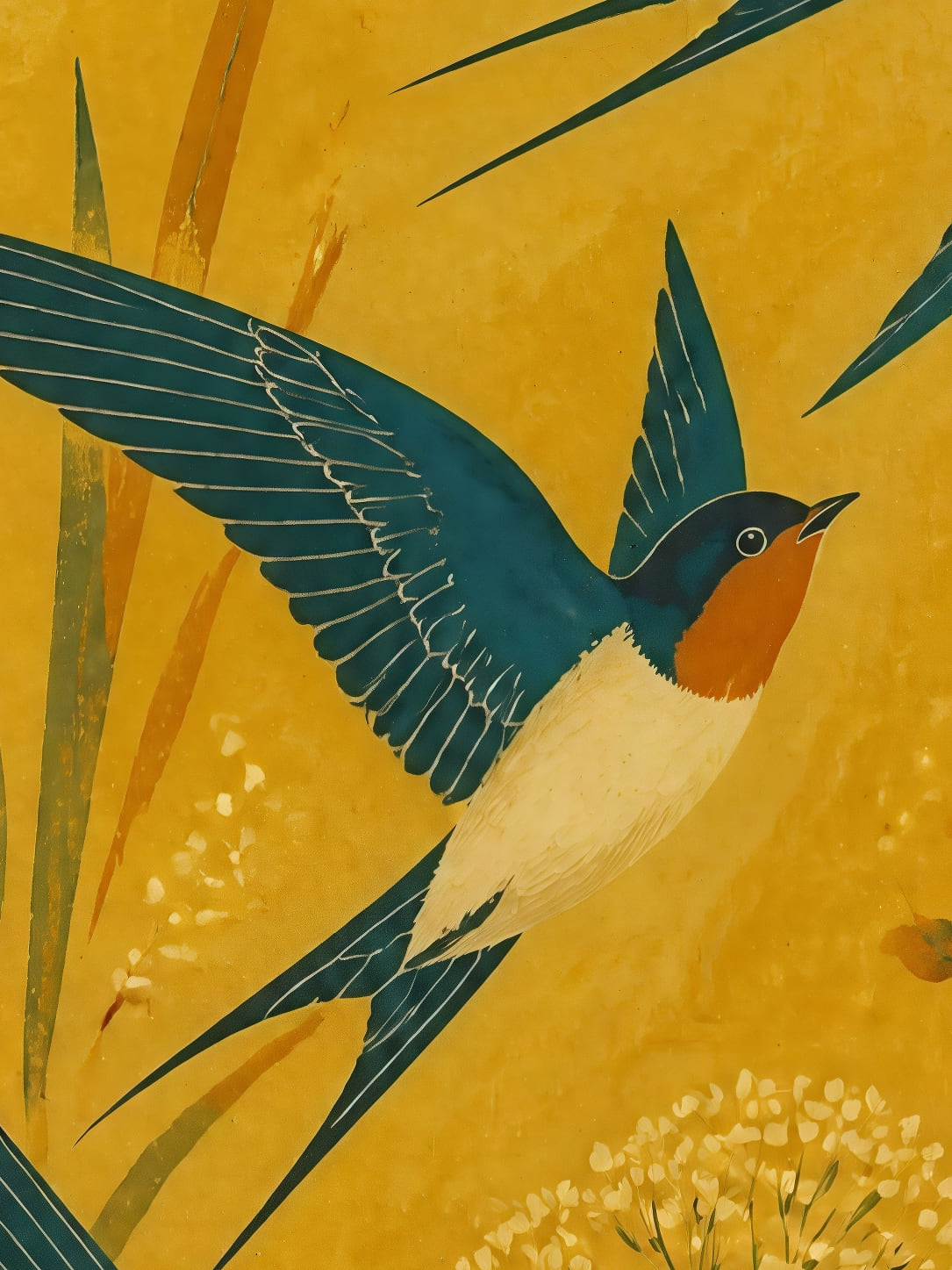 Detail a taille reelle du tirage, affiche animaux hirondelles au soleil dore