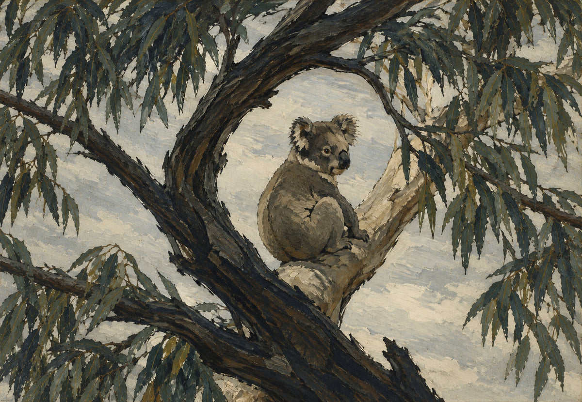 Koala in der Mulde der dunklen Astgabel (Querformat)