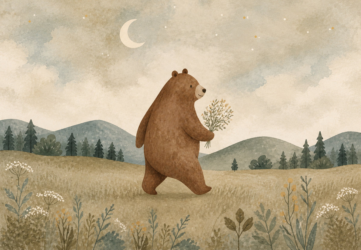 Der Bär mit dem Wildblumenstrauß (Querformat)