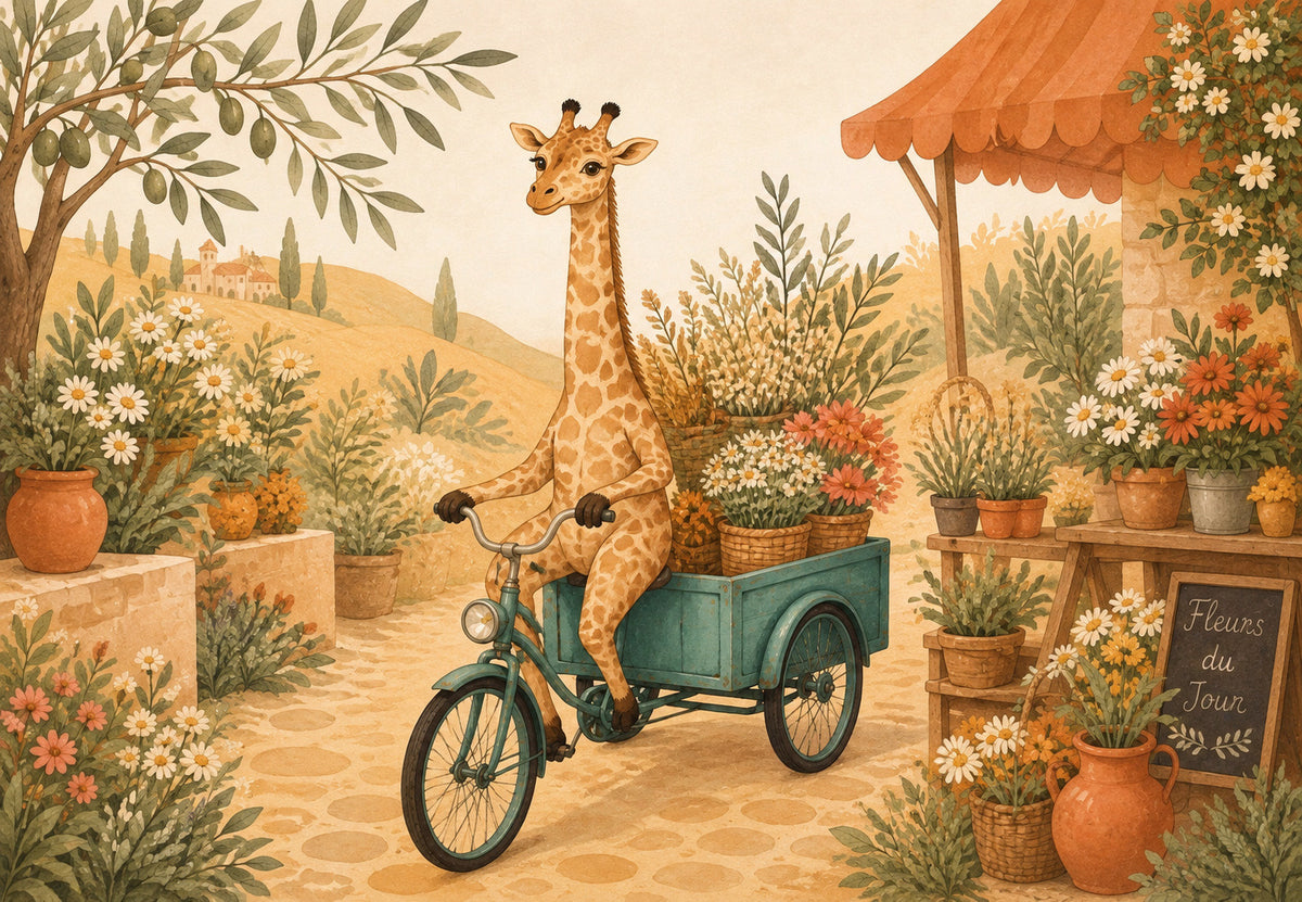 Die Giraffe und ihr Blumen-Dreirad (Querformat)