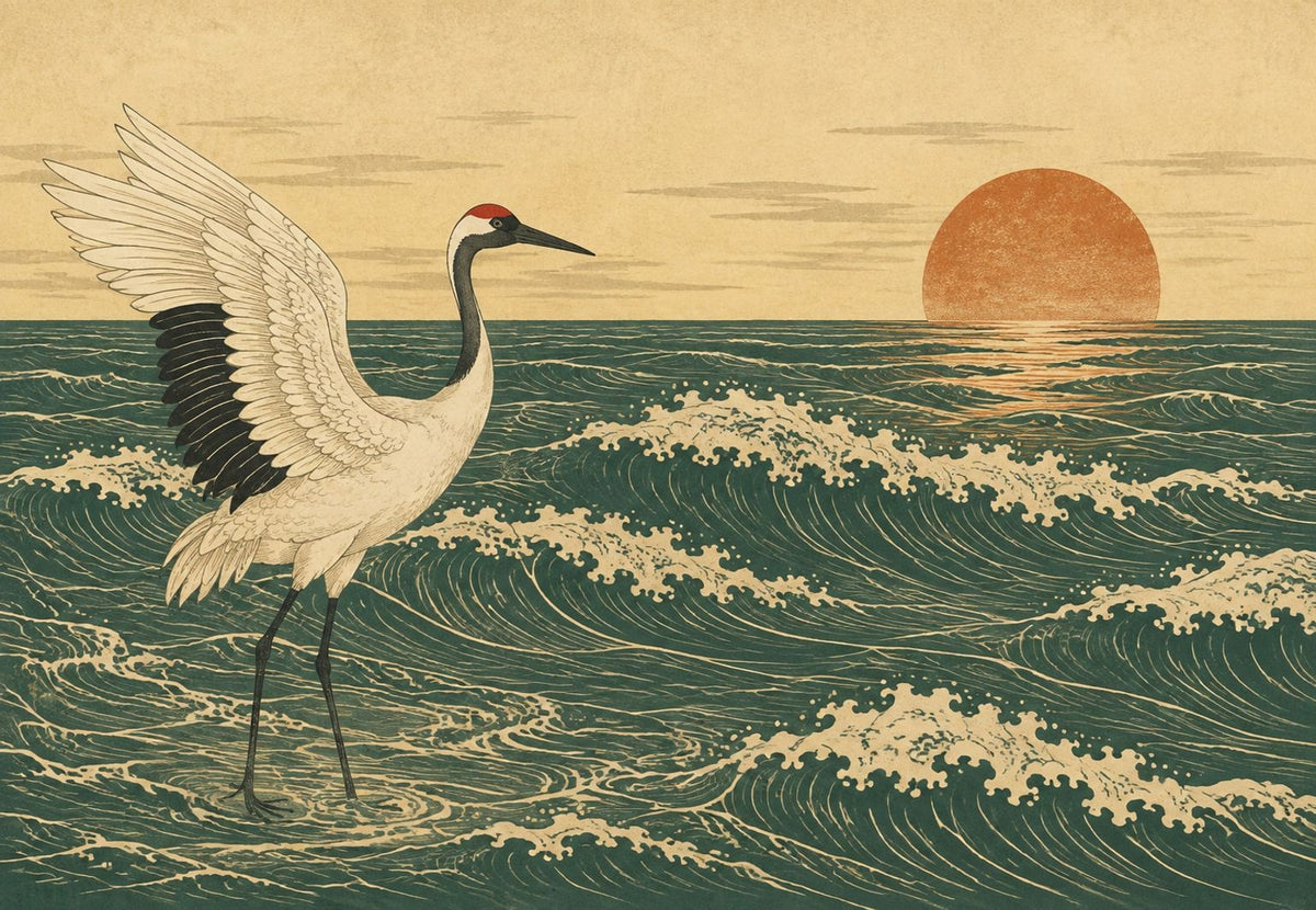 La grue face au soleil sur les vagues (Paysage)