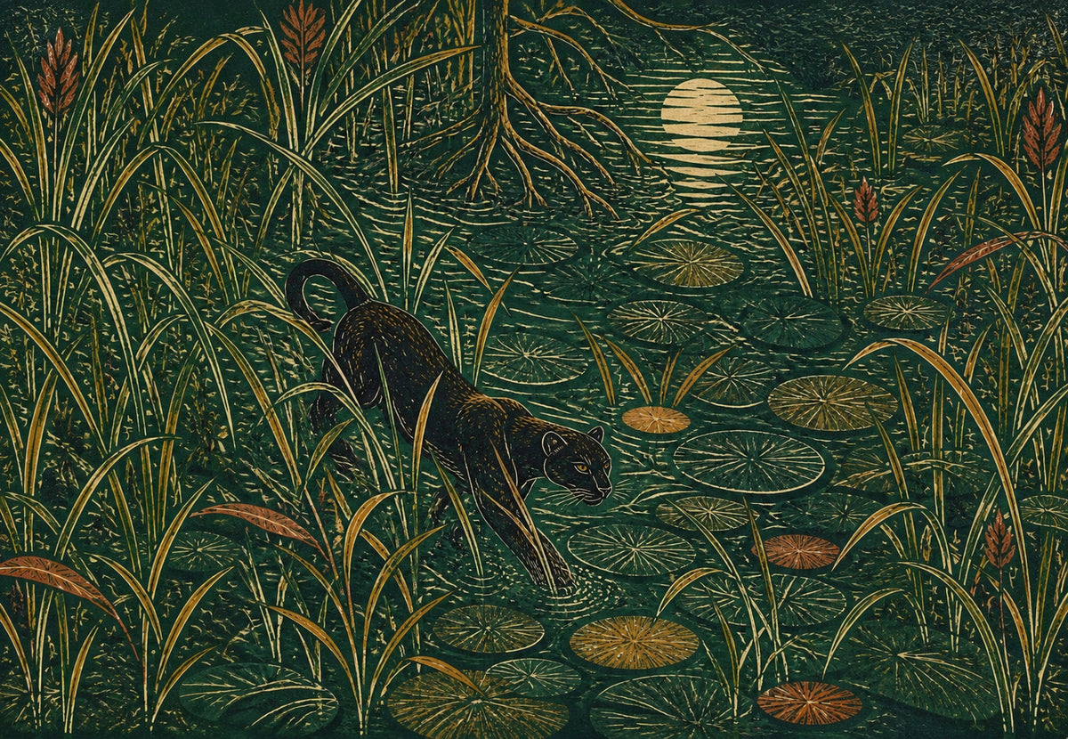 La panthère noire dans les nénuphars (Paysage)