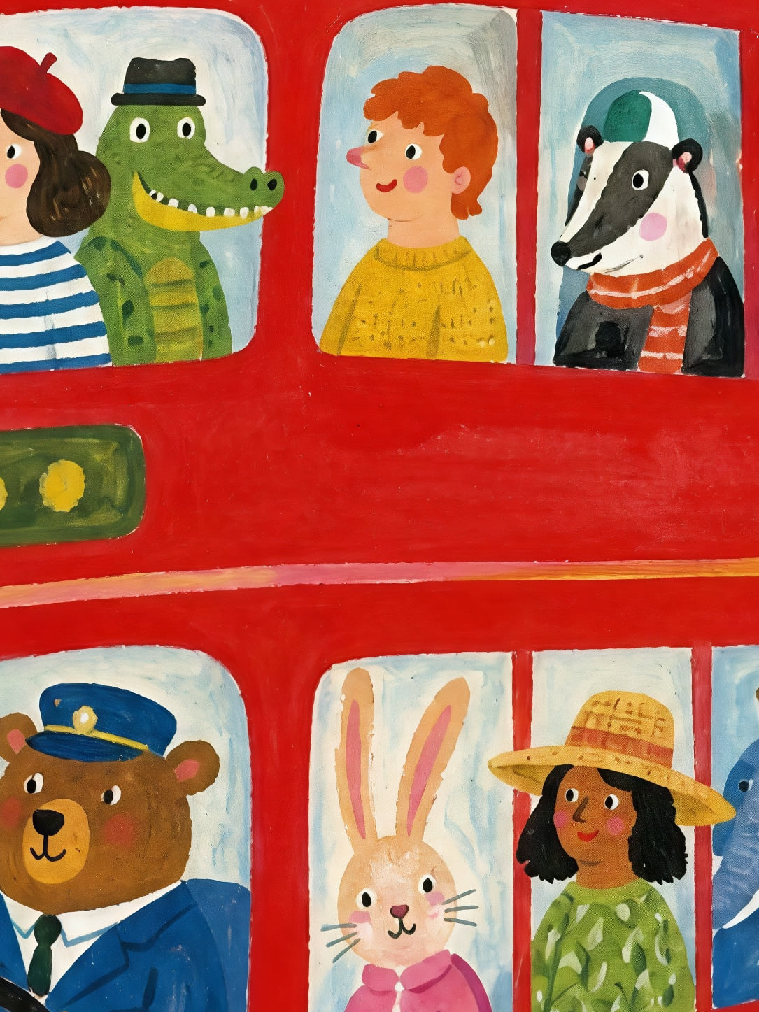 Detail a taille reelle du tirage, affiche animaux le bus rouge des amis
