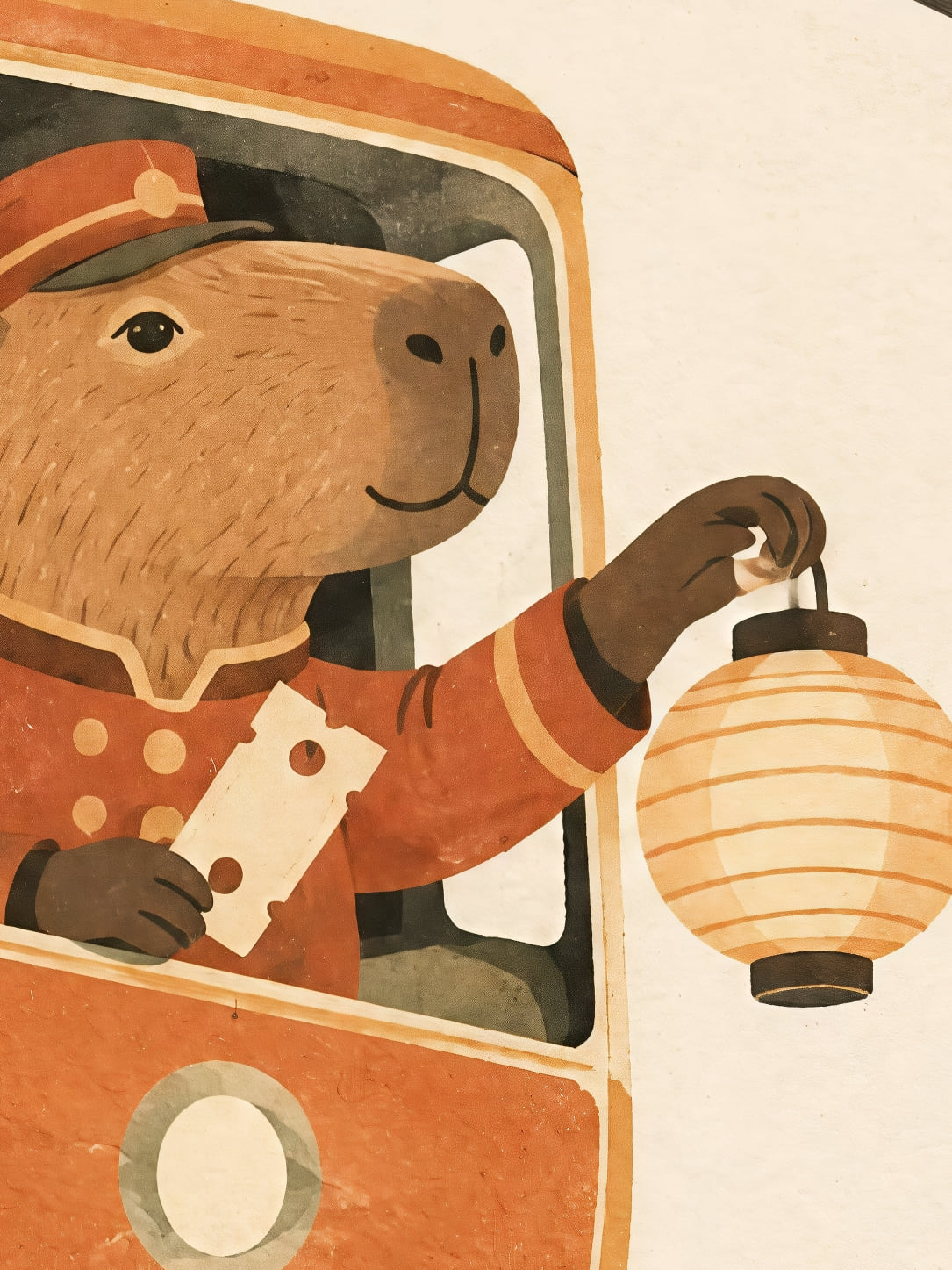 Detail a taille reelle du tirage, affiche animaux le capybara controleur du telepherique nocturne