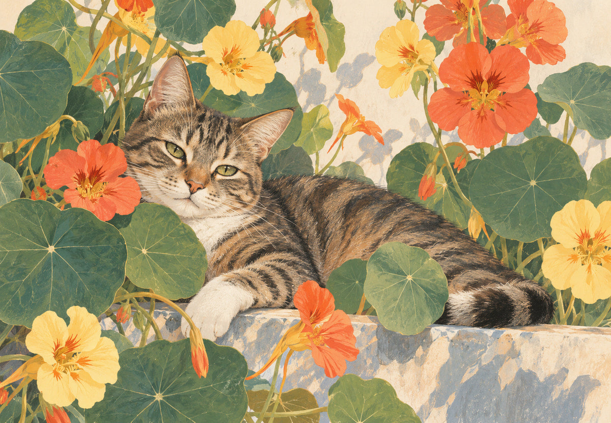 Die Katze im Garten der Kapuzinerkresse (Querformat)