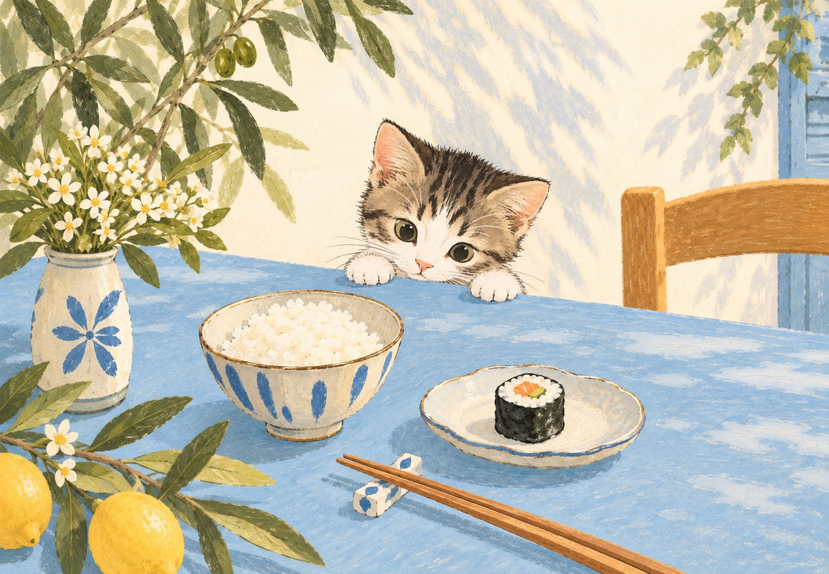 Die neugierige Katze und die Reisschale (Querformat)