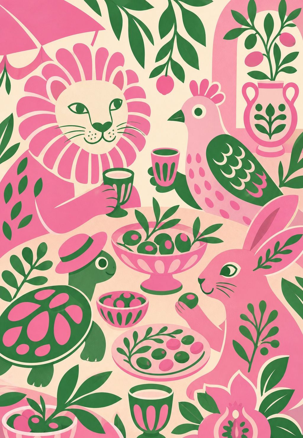 Il banchetto rosa e verde degli animali
