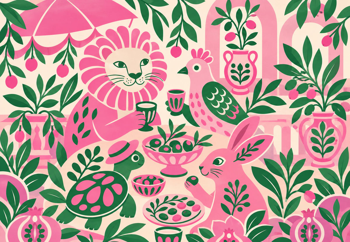 Le festin rose et vert des animaux (Paysage)
