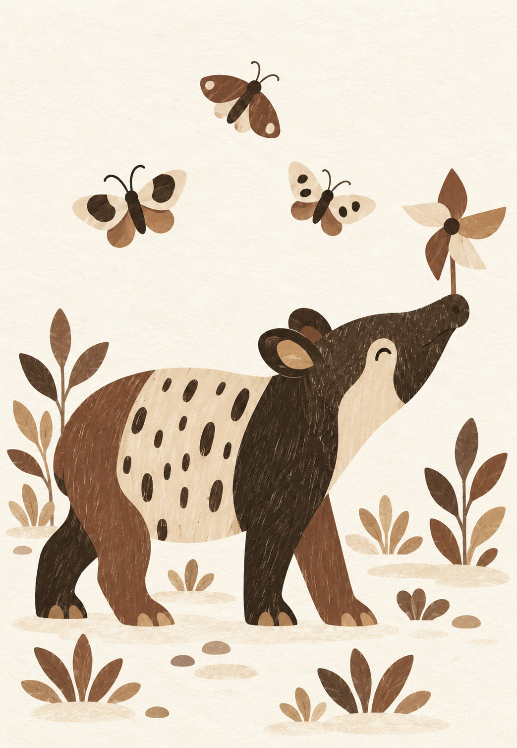 Il tapiro curioso circondato da farfalle