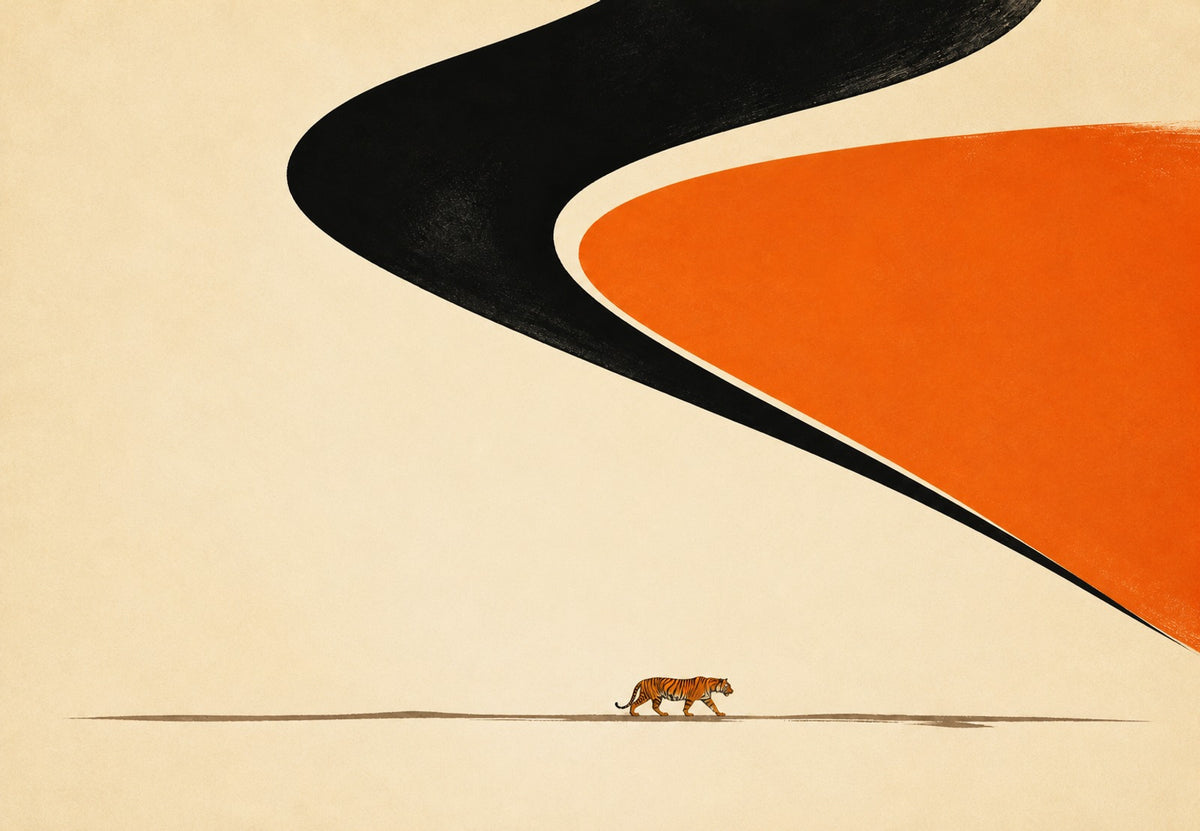 Der Tiger unter schwarzen und orangefarbenen Kurven (Querformat)