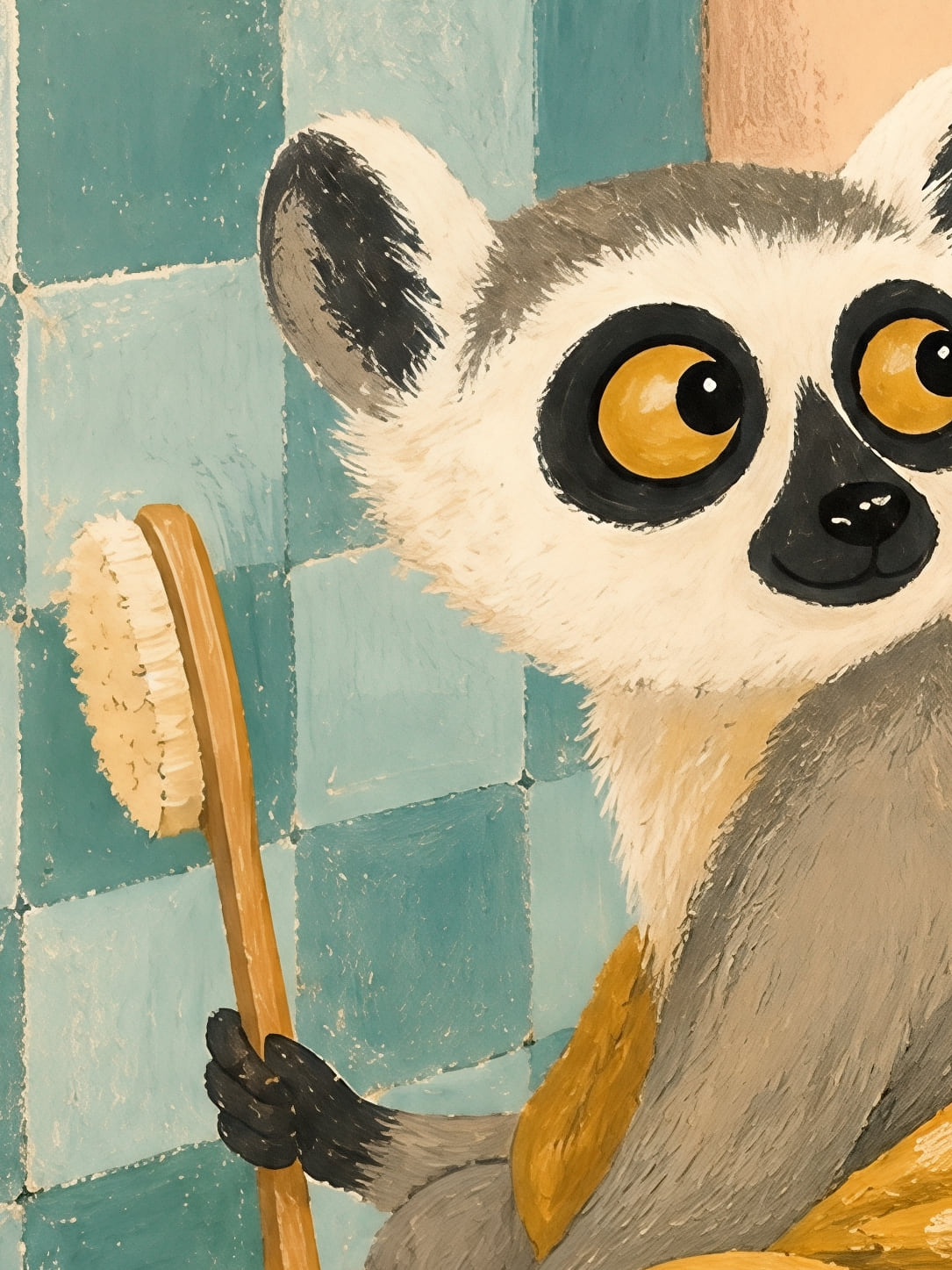 Detail a taille reelle du tirage, affiche animaux lemurien au bain jaune a pois