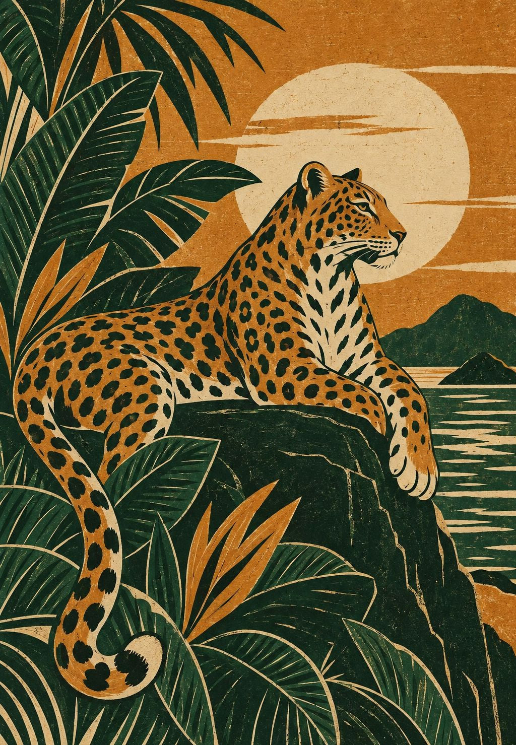 Liegender Leopard vor der Sonne über dem Meer