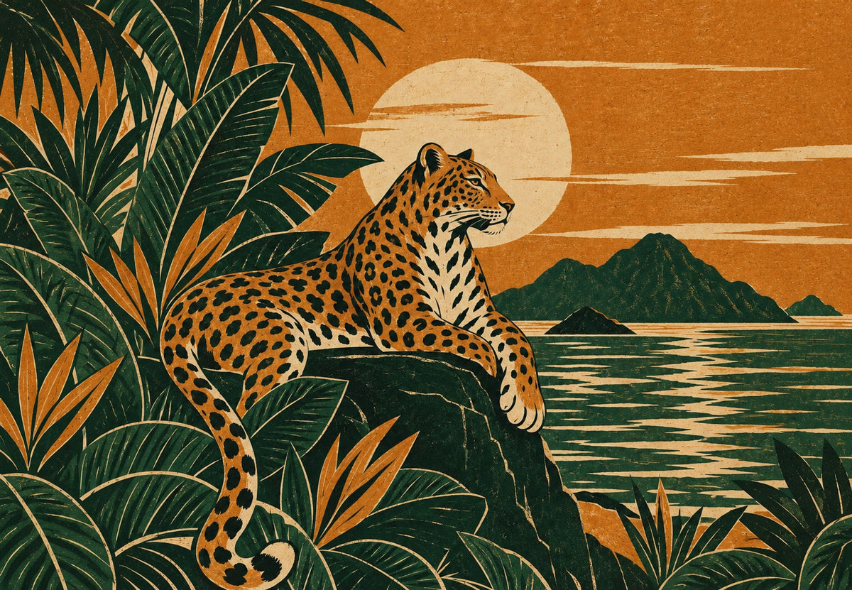 Léopard allongé face au soleil sur la mer (Paysage)