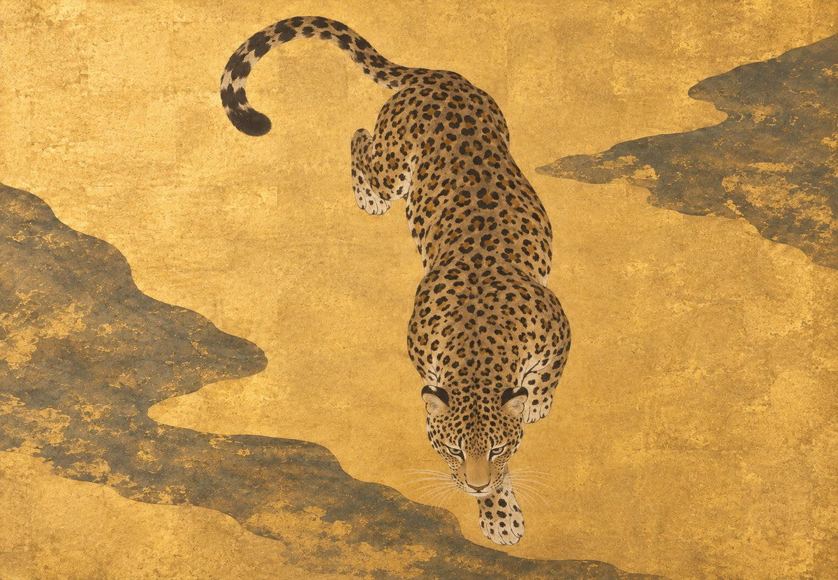 Leopardo sulla roccia dorata (Orizzontale)