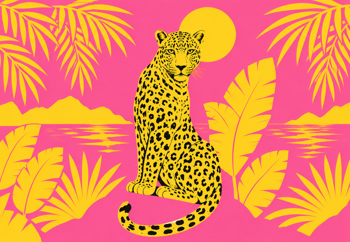 Leopardo tropicale sotto un sole giallo, sfondo rosa vivo (Orizzontale)