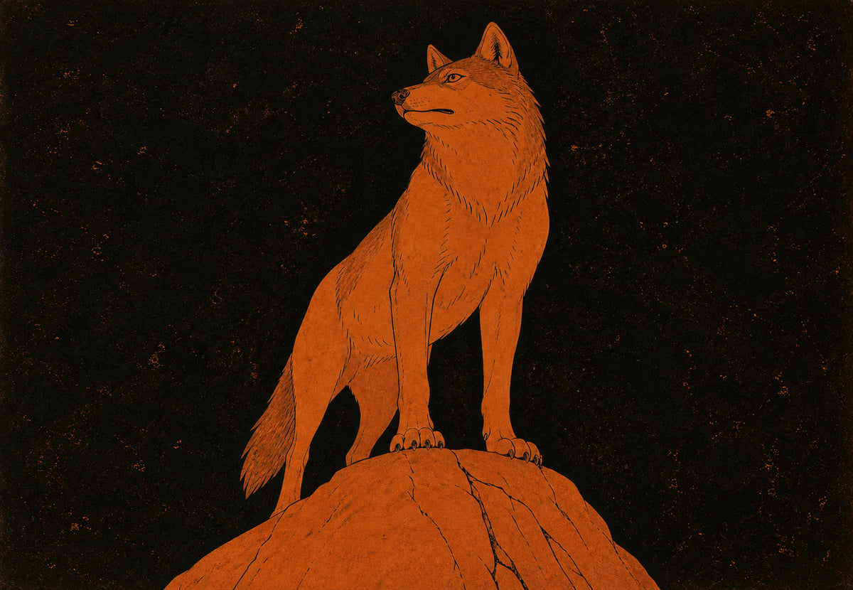 Wolfswache auf dem Fels (Querformat)
