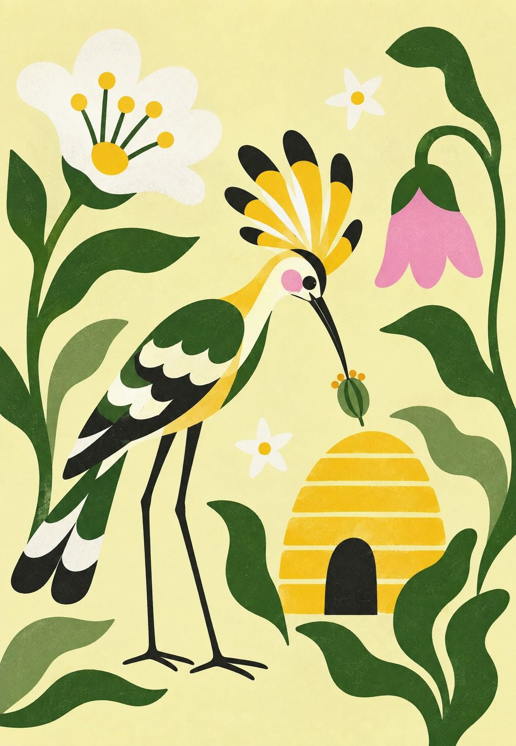 Oiseau à crête dorée près d'une ruche