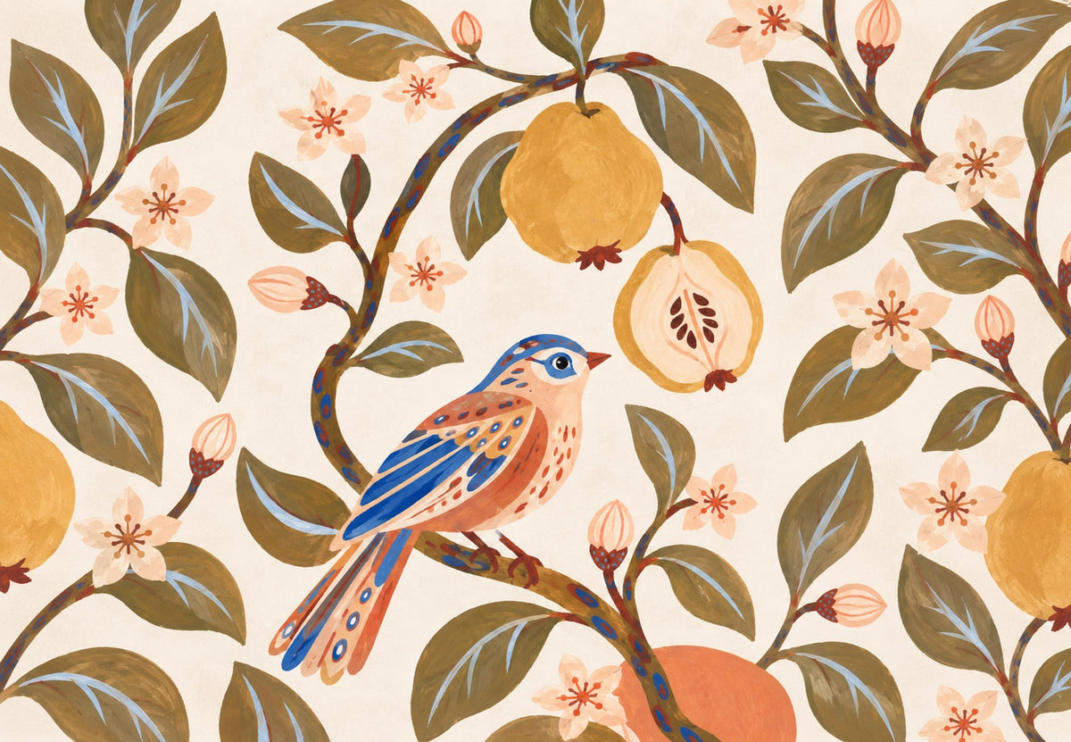 Blauer Vogel und Quitten (Querformat)