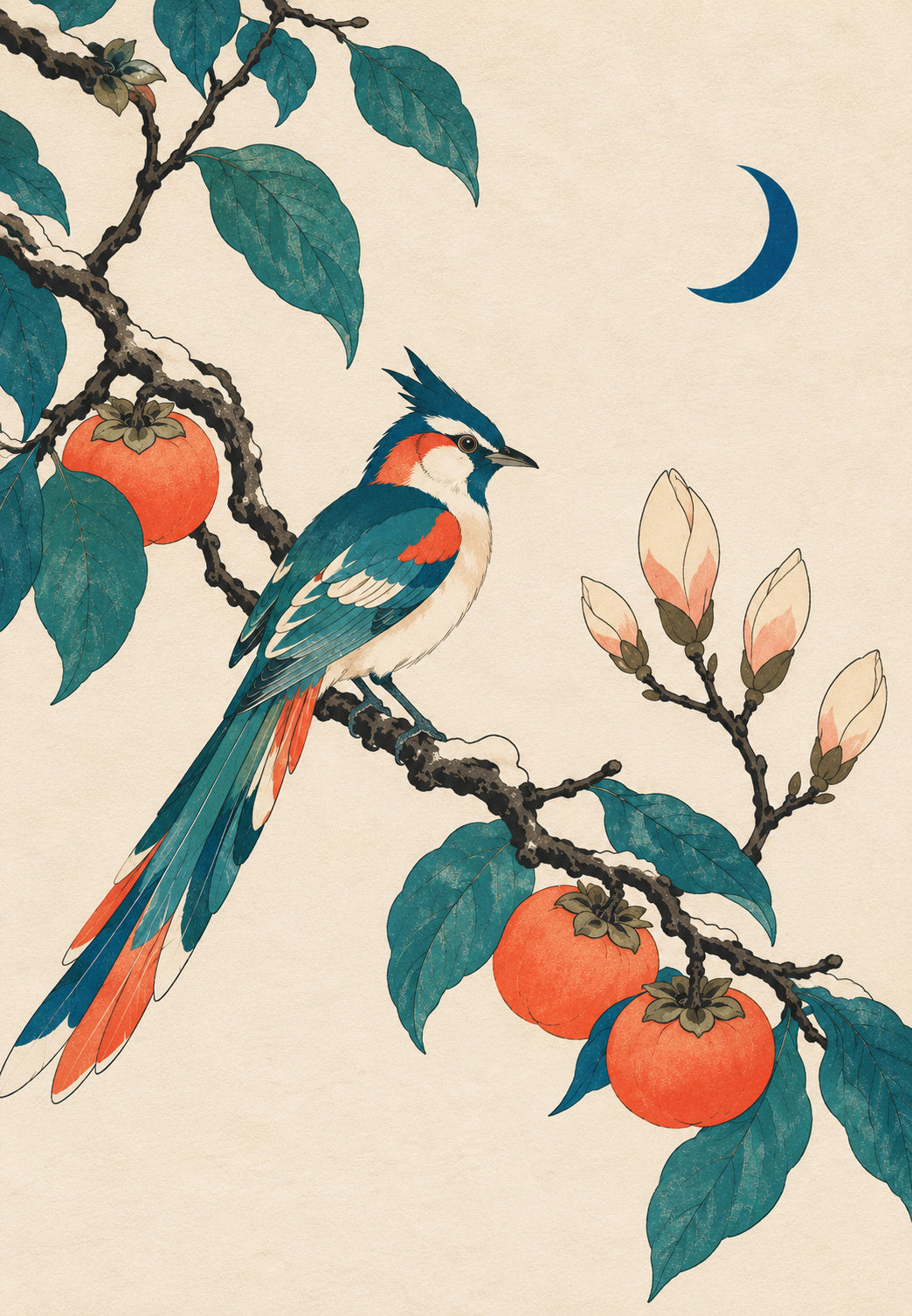 Vogel und Kakis unter dem Mond