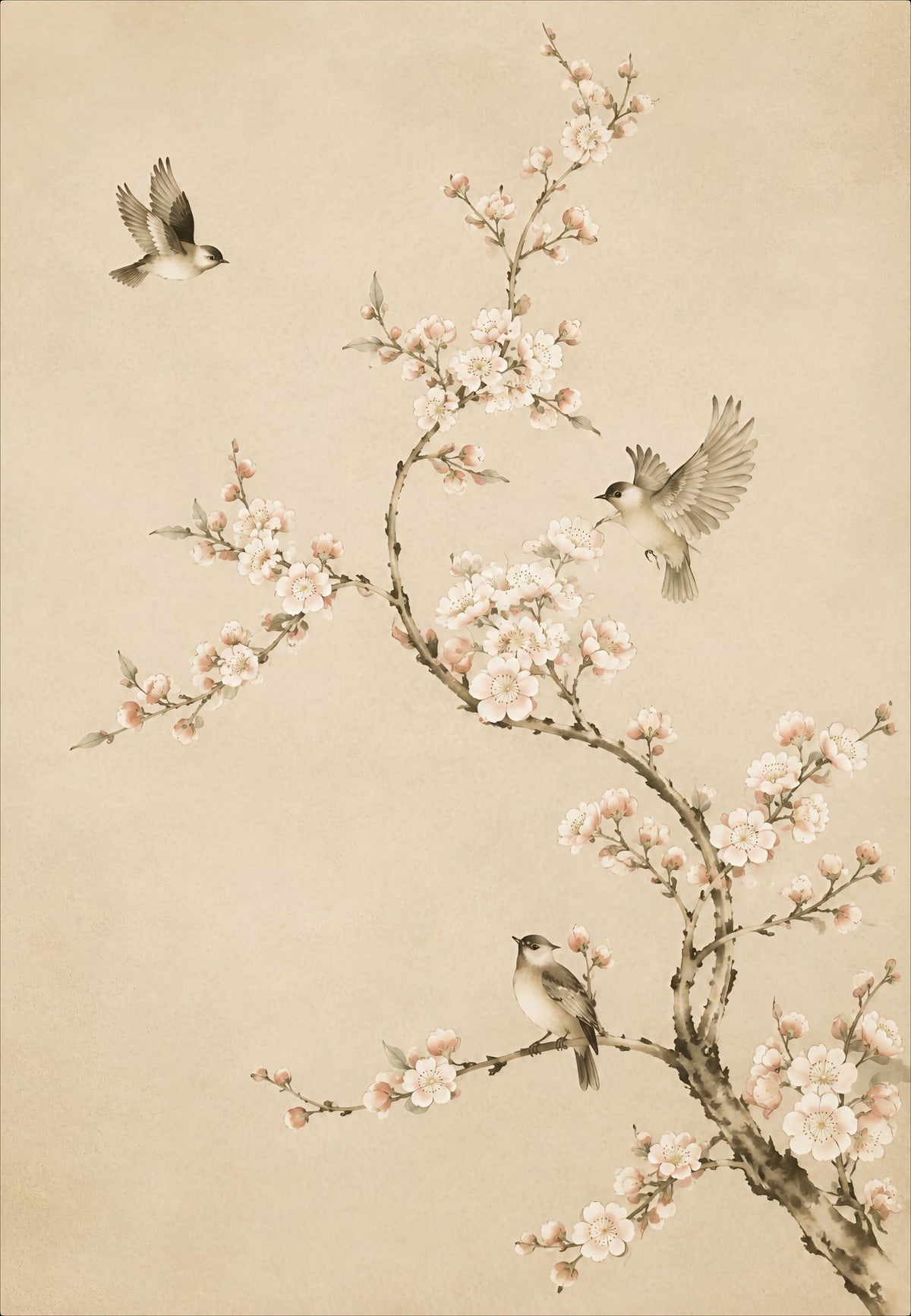 Uccelli e ramo di ciliegio in fiore