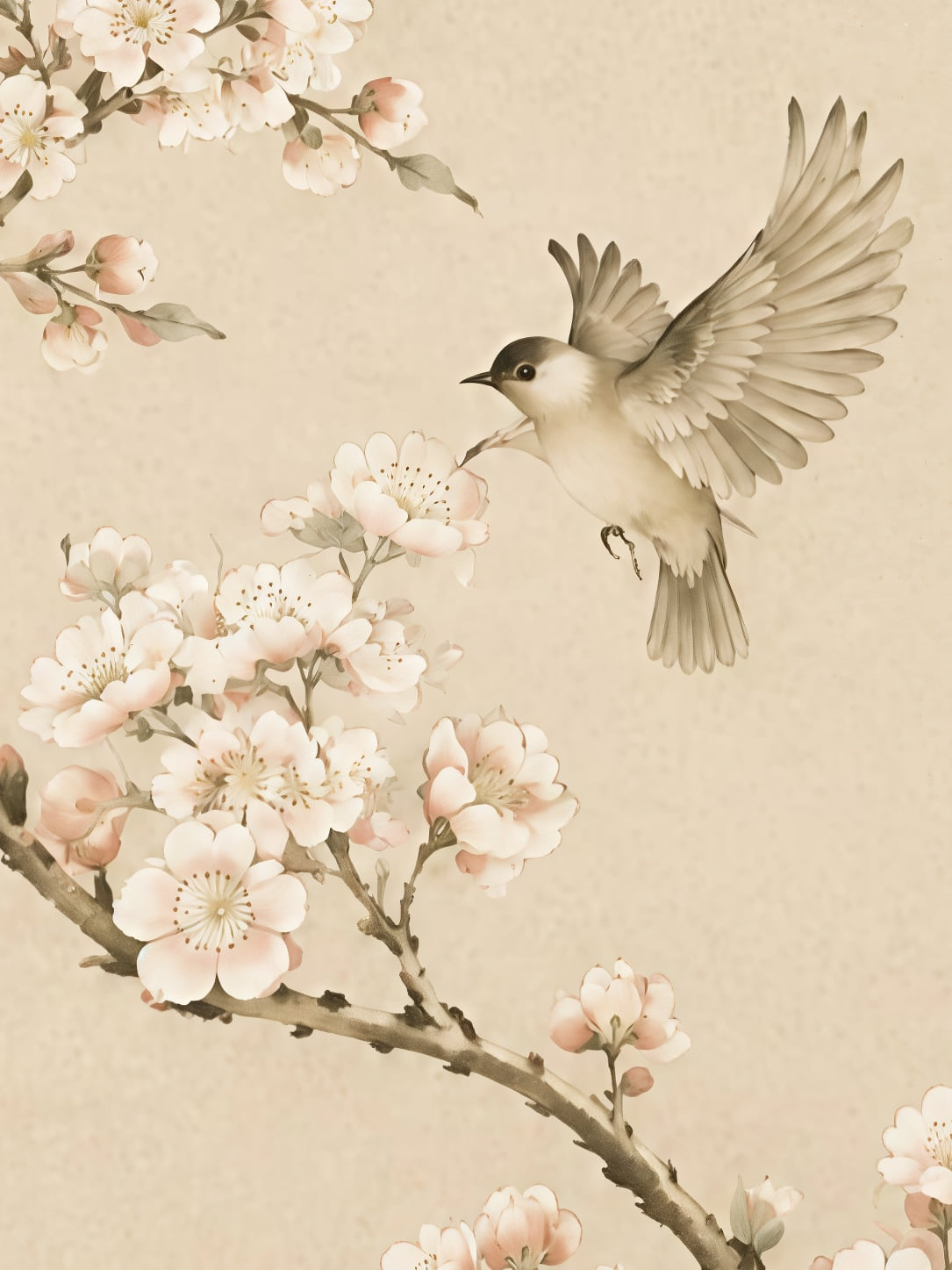 Detail a taille reelle du tirage, affiche animaux oiseaux et cerisier en fleurs