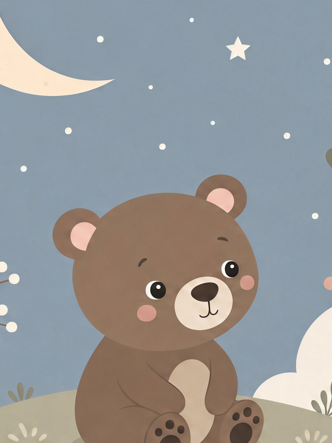 Detail a taille reelle du tirage, affiche animaux ourson sous la lune paysage