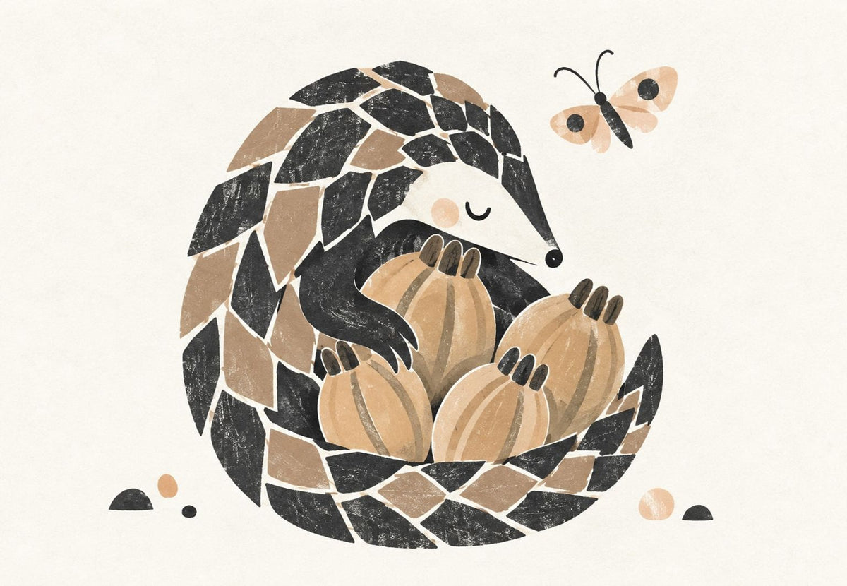 Pangolin blotti parmi les citrouilles