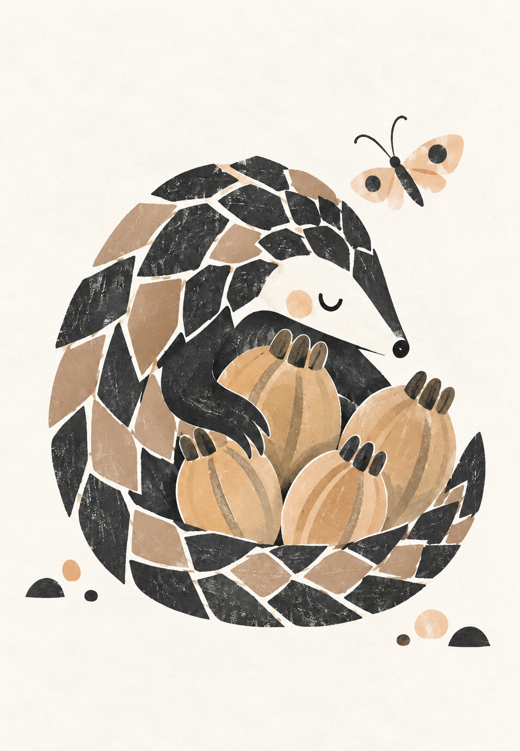 Pangolin nestled among the pumpkins