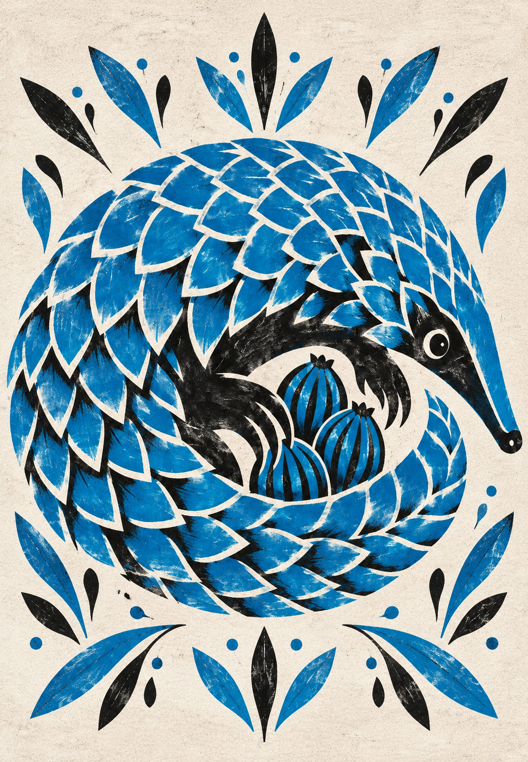 Eingerollter Pangolin mit blauen Früchten