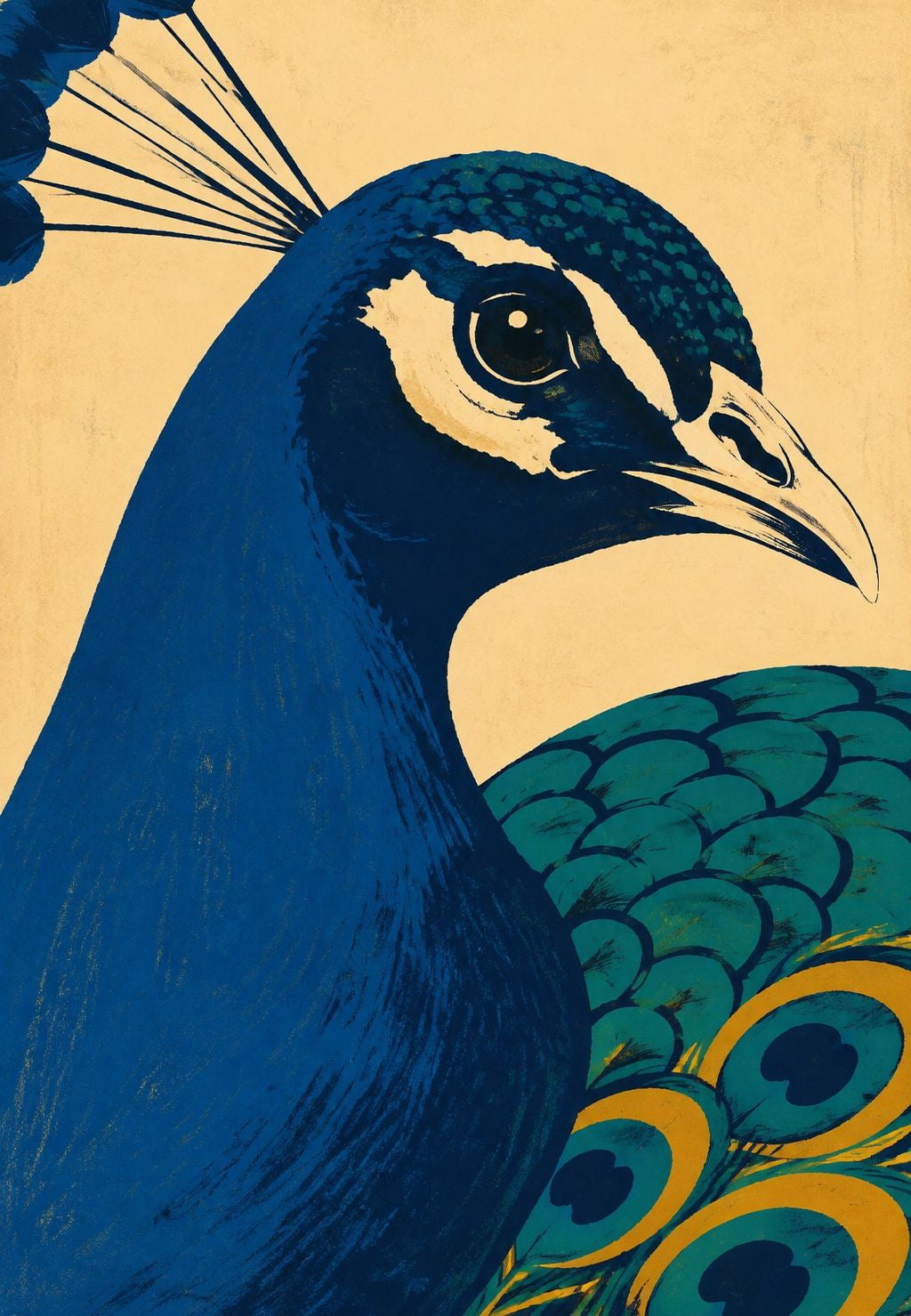 Pfau im Profil in Blau und Gold
