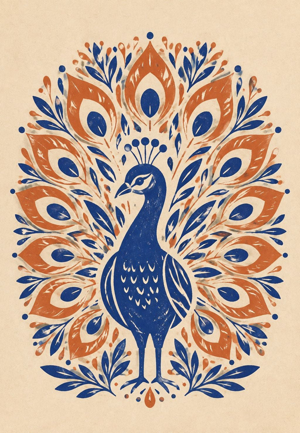 Peacock Displaying Its Tail, Blue and Terracotta