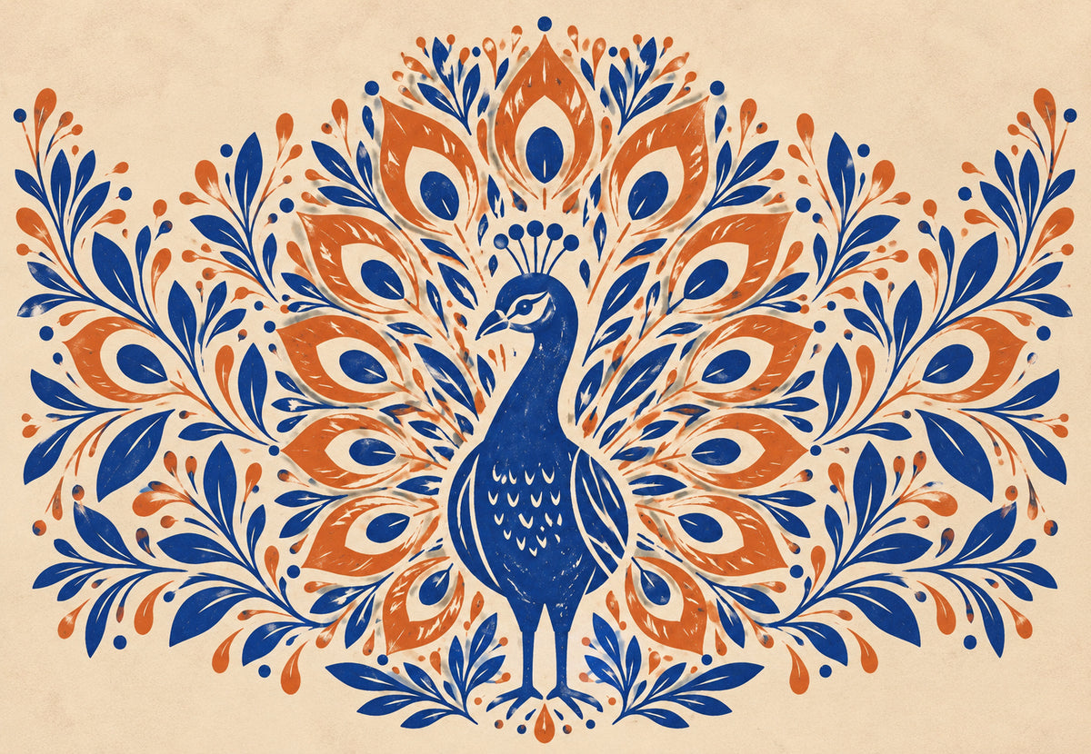 Peacock Displaying Its Tail, Blue and Terracotta (Landscape)