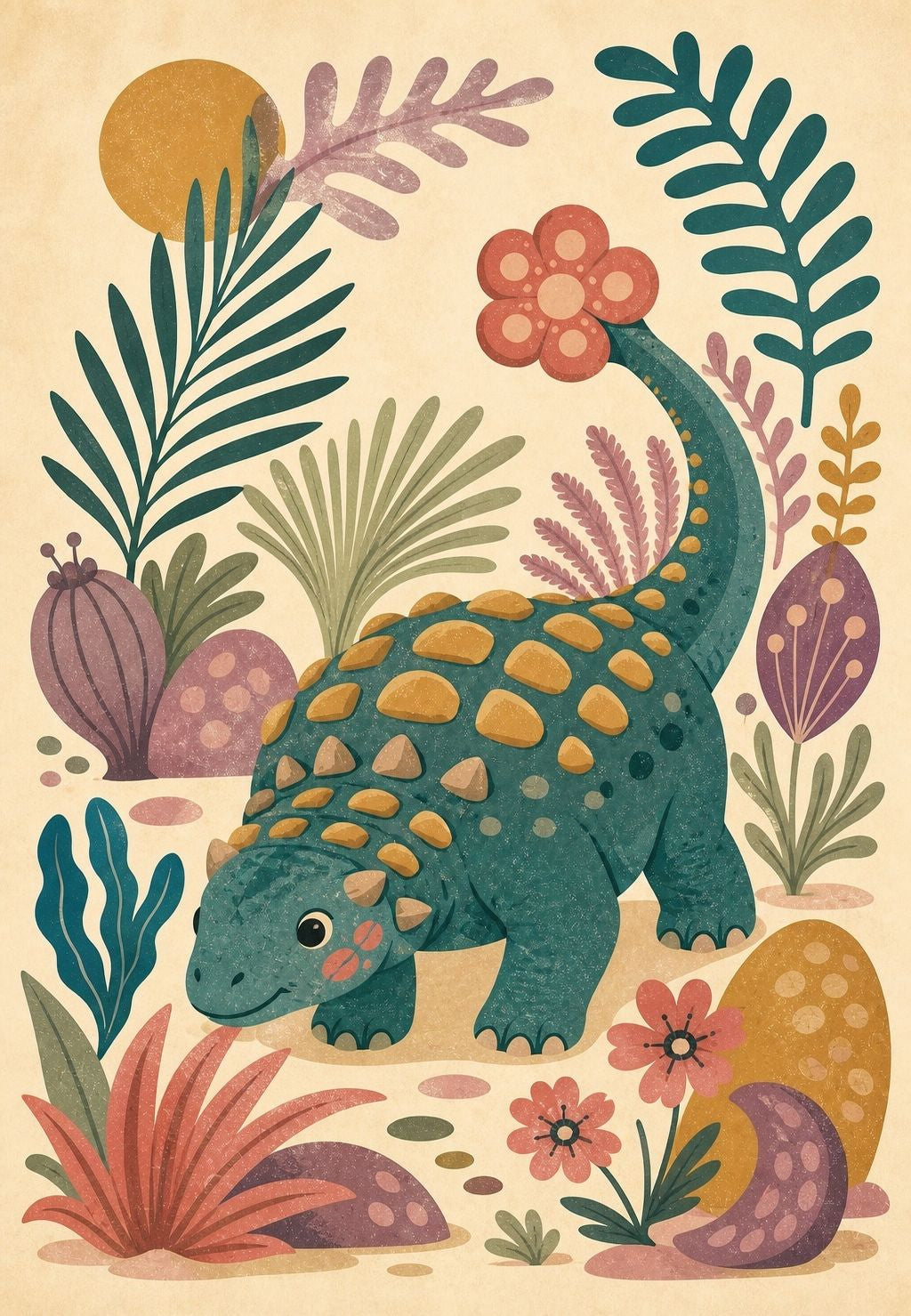 Mali dinosaur u cvjetnom vrtu