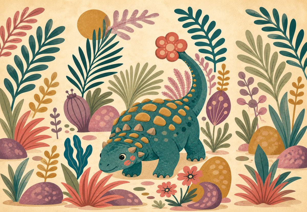 Little Dinosaur in a Flowering Garden (Landscape)