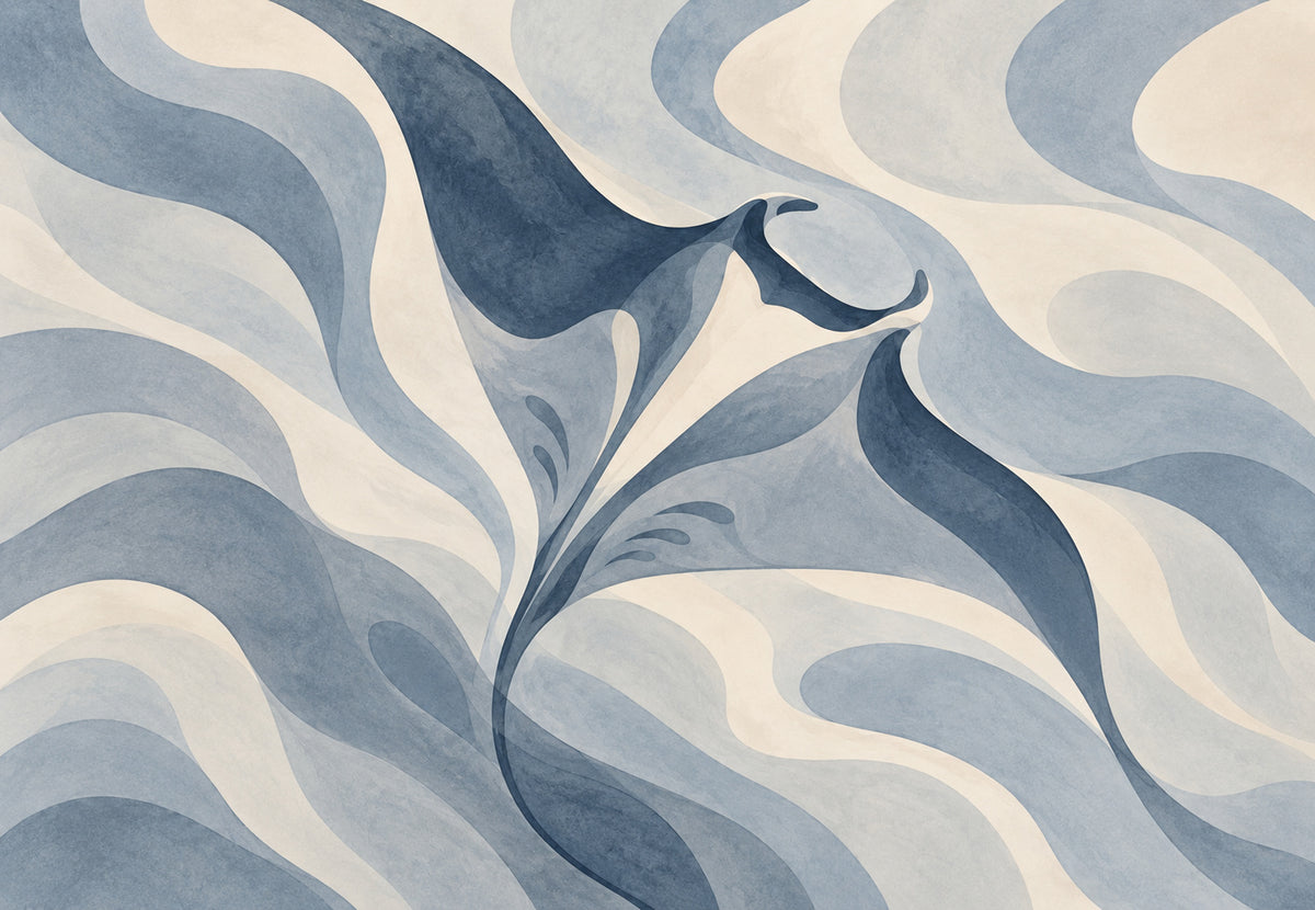 Mantarochen gleitet durch blaugraue Wellen (Querformat)