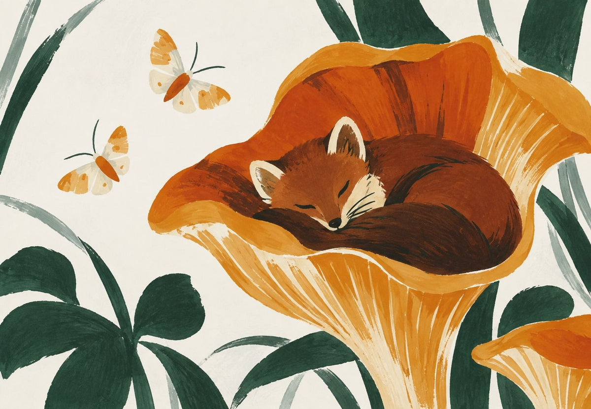 Volpe addormentata in un fiore arancione (Orizzontale)