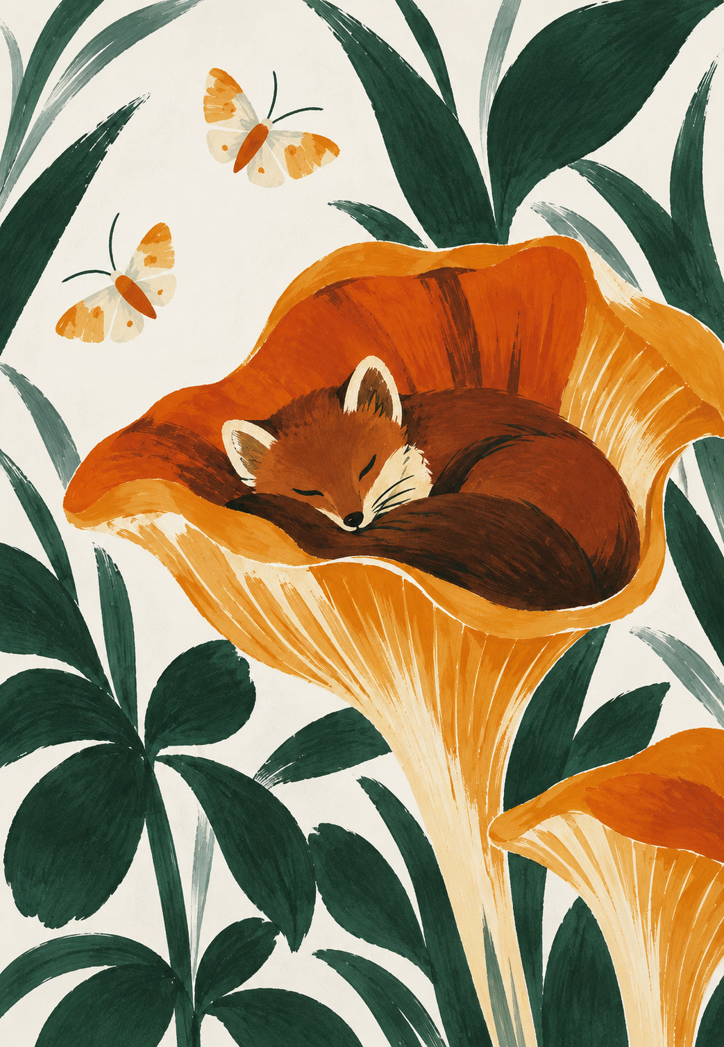 Renard endormi dans une fleur orange