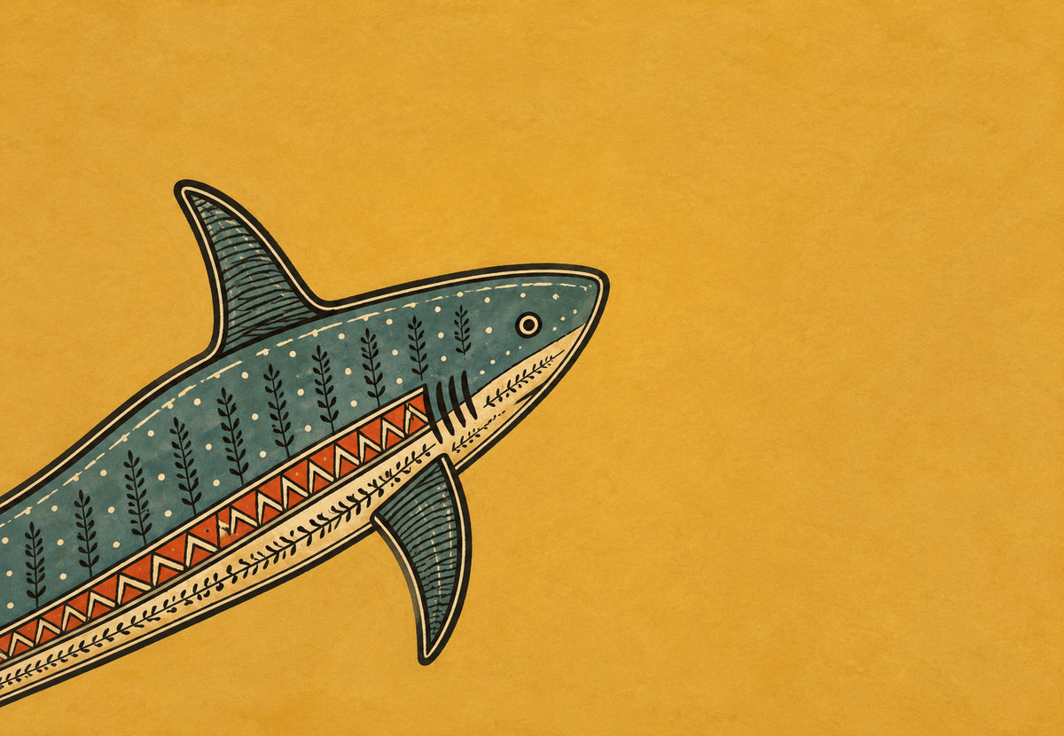 Requin bleu orné sur fond ocre (Paysage)
