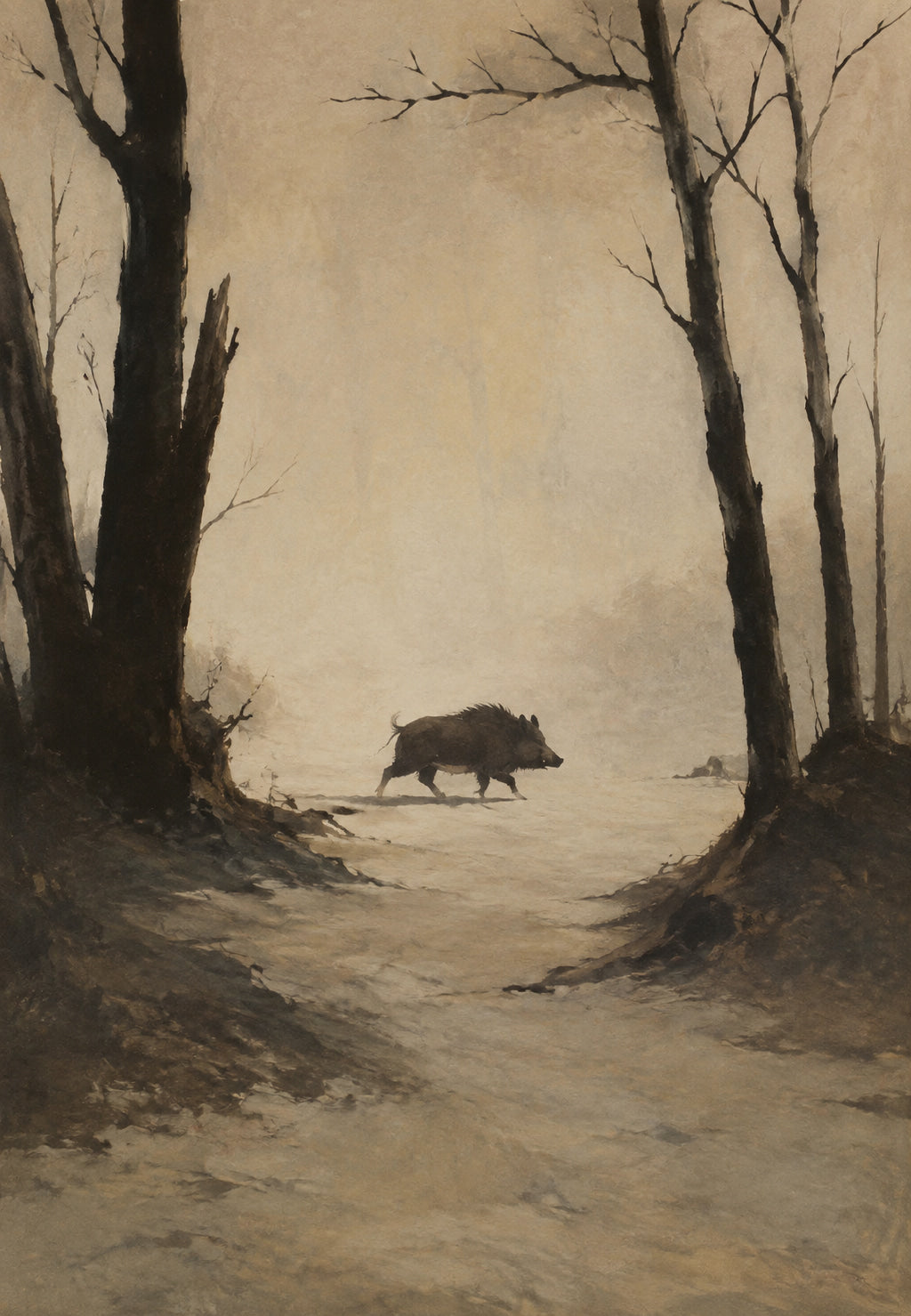 Wildschwein im Winternebel