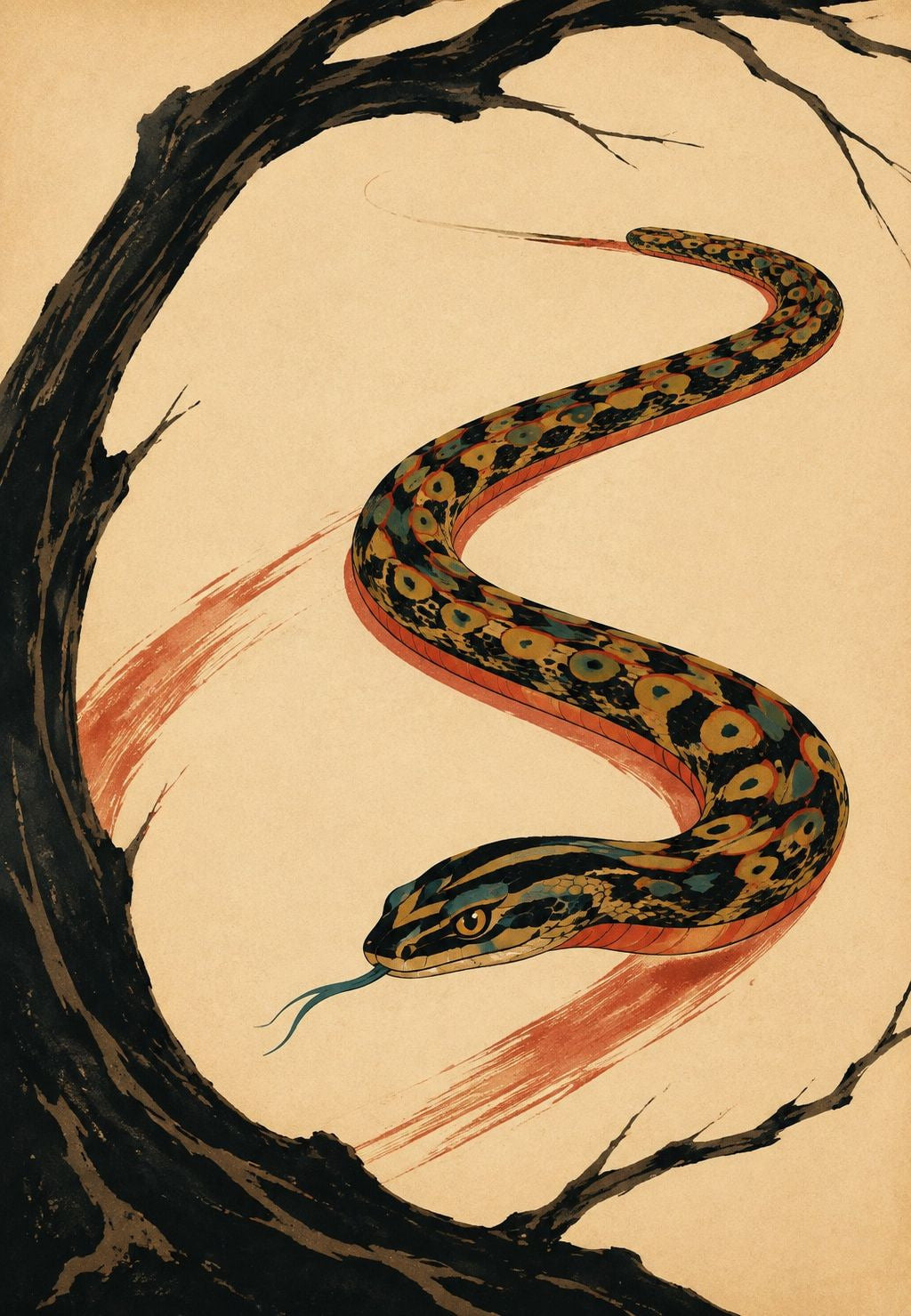 Serpente maculato su un ramo nero