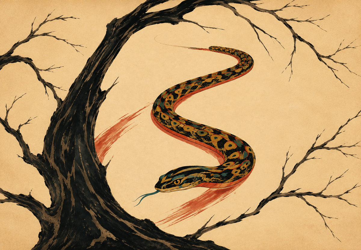 Serpente maculato su un ramo nero (Orizzontale)
