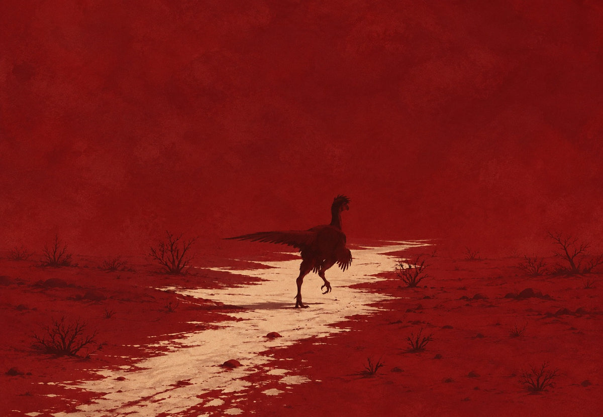 Geflügelte Silhouette auf dem scharlachroten Pfad (Querformat)