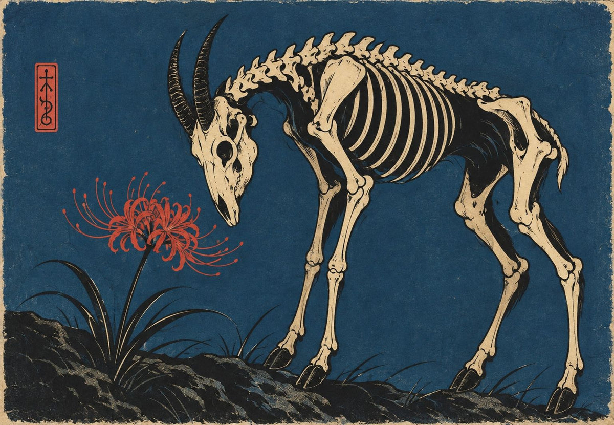 Ibex Skeleton Facing the Red Flower