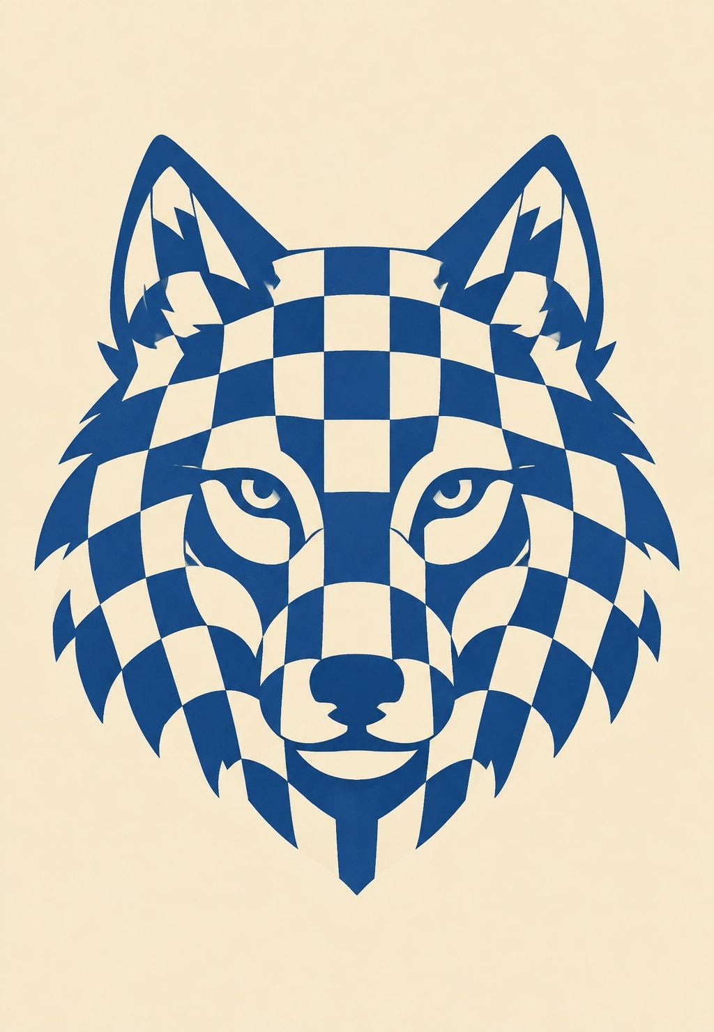 Cabeza de lobo en damero azul y crema